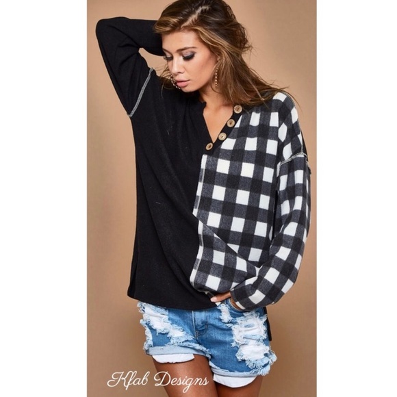 New! Sale 🔥Buffalo Plaid Soft Brushed Knit ColorBlock V Neck Button Top - Picture 5 of 14